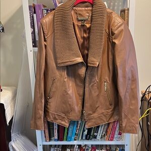 IMAN Tan Leather Jacket with Ribbed Collar